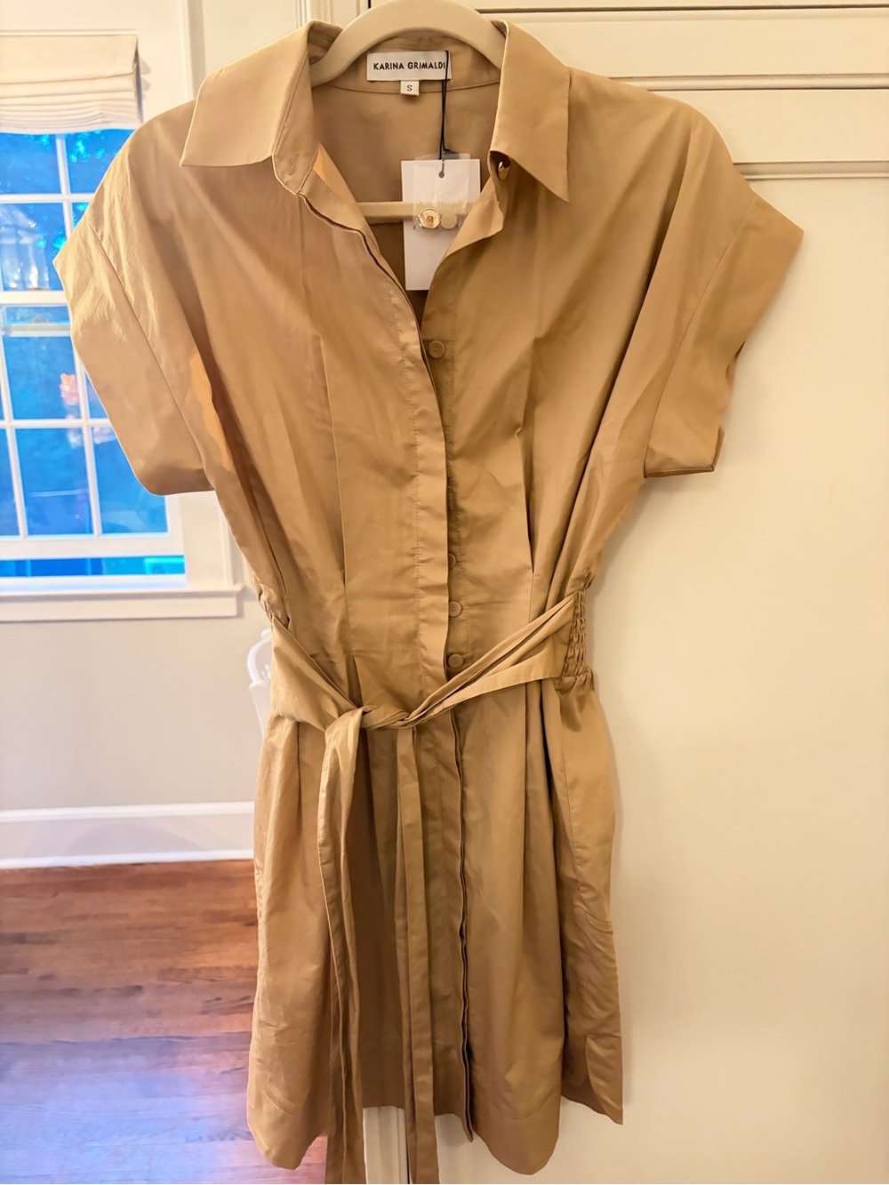 Karina Grimaldi Beige/Tan Shirt Dress with Tie Waist